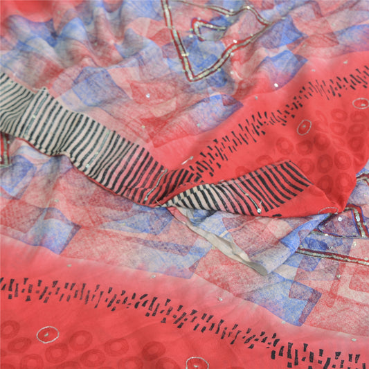 Sanskriti Vintage Sarees Red 100% Pure Crepe Silk Printed Sari 5yd Craft Sustainable Fabric