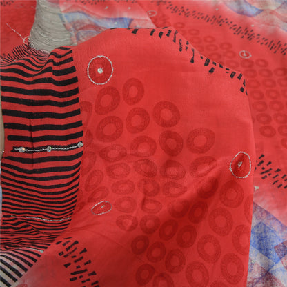 Sanskriti Vintage Sarees Red 100% Pure Crepe Silk Printed Sari 5yd Craft Sustainable Fabric