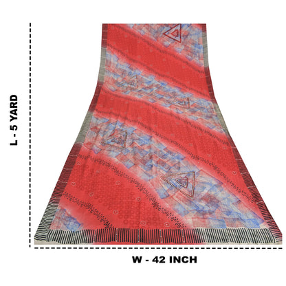 Sanskriti Vintage Sarees Red 100% Pure Crepe Silk Printed Sari 5yd Craft Sustainable Fabric