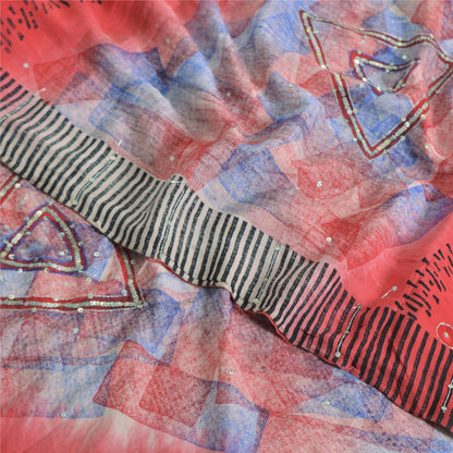 Sanskriti Vintage Sarees Red 100% Pure Crepe Silk Printed Sari 5yd Craft Sustainable Fabric