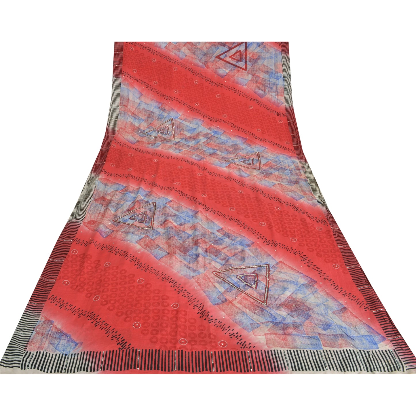 Sanskriti Vintage Sarees Red 100% Pure Crepe Silk Printed Sari 5yd Craft Sustainable Fabric