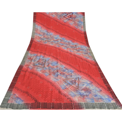 Sanskriti Vintage Sarees Red 100% Pure Crepe Silk Printed Sari 5yd Craft Sustainable Fabric