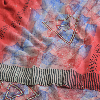 Sanskriti Vintage Sarees Red 100% Pure Crepe Silk Printed Sari 5yd Craft Sustainable Fabric