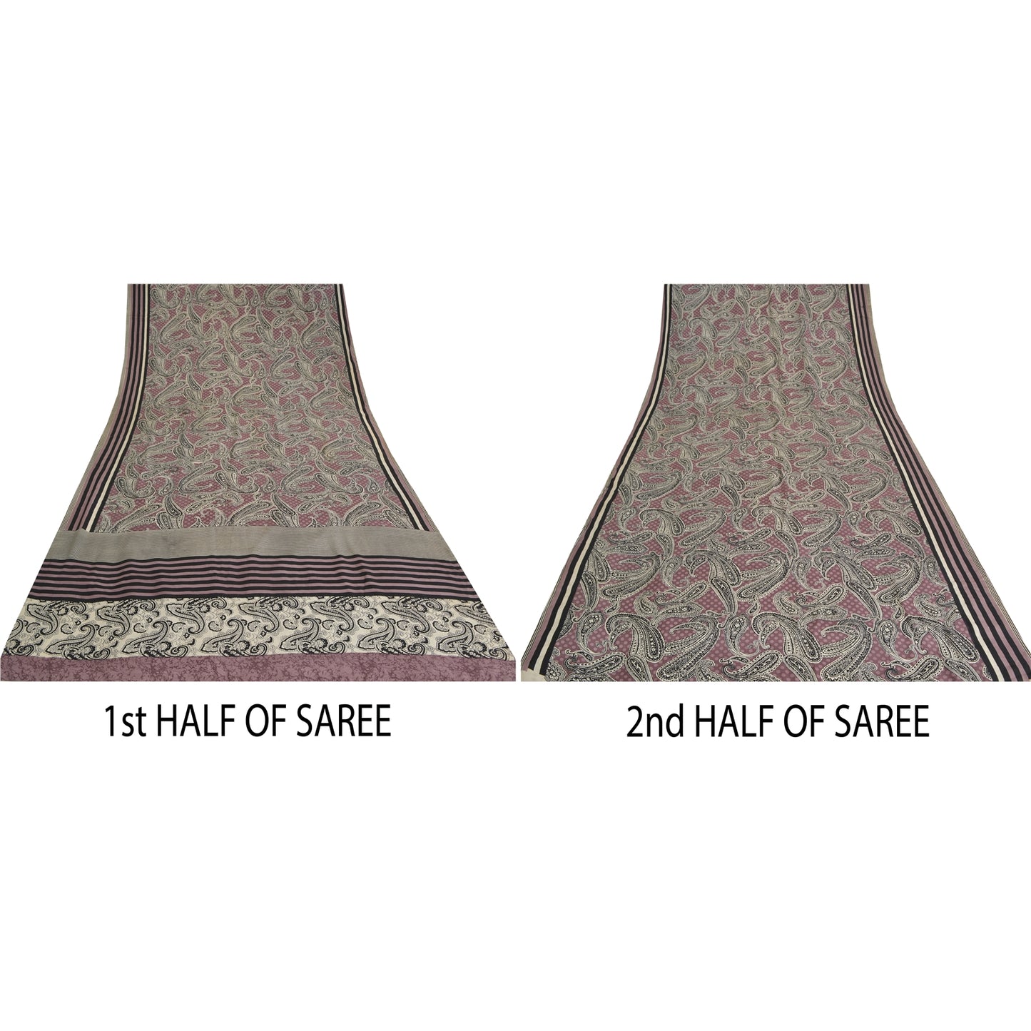 Sanskriti Vintage Sarees Mauve/Black Pure Crepe Silk Print Sari 5yd Craft Sustainable Fabric