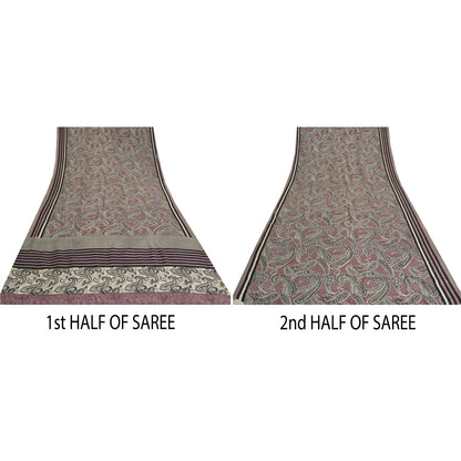 Sanskriti Vintage Sarees Mauve/Black Pure Crepe Silk Print Sari 5yd Craft Sustainable Fabric