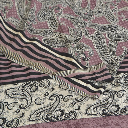 Sanskriti Vintage Sarees Mauve/Black Pure Crepe Silk Print Sari 5yd Craft Sustainable Fabric