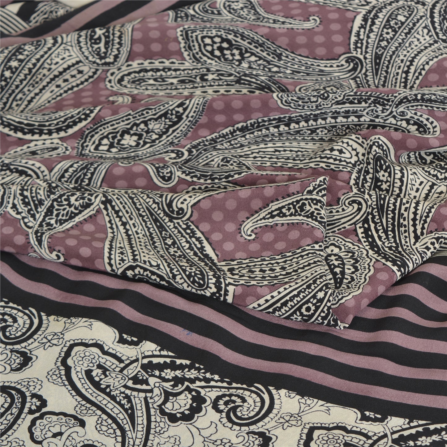 Sanskriti Vintage Sarees Mauve/Black Pure Crepe Silk Print Sari 5yd Craft Sustainable Fabric