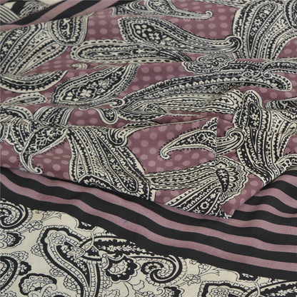 Sanskriti Vintage Sarees Mauve/Black Pure Crepe Silk Print Sari 5yd Craft Sustainable Fabric