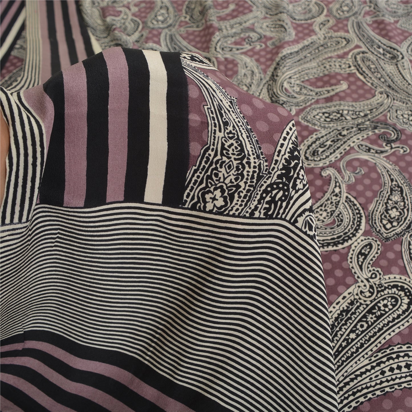 Sanskriti Vintage Sarees Mauve/Black Pure Crepe Silk Print Sari 5yd Craft Sustainable Fabric