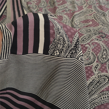 Sanskriti Vintage Sarees Mauve/Black Pure Crepe Silk Print Sari 5yd Craft Sustainable Fabric