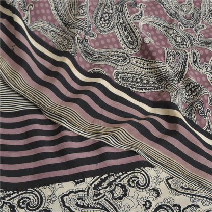 Sanskriti Vintage Sarees Mauve/Black Pure Crepe Silk Print Sari 5yd Craft Sustainable Fabric