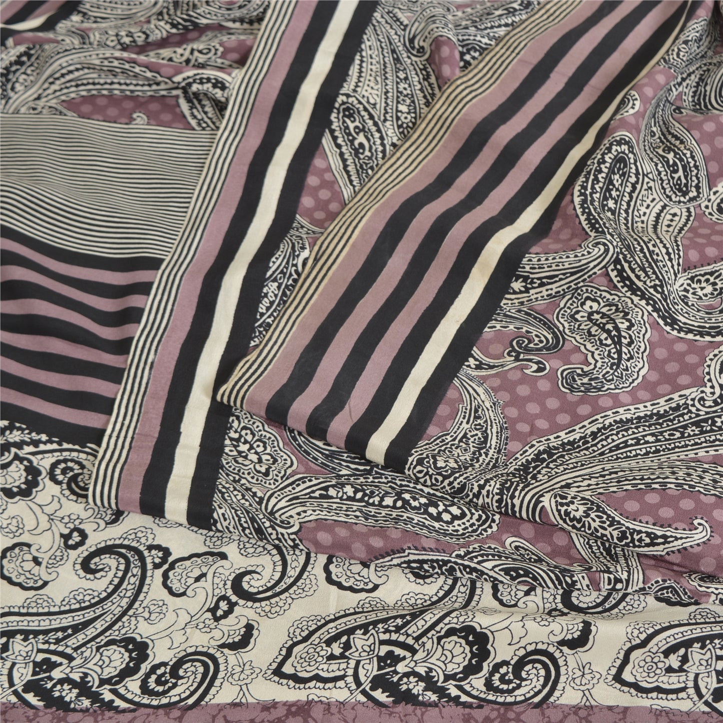 Sanskriti Vintage Sarees Mauve/Black Pure Crepe Silk Print Sari 5yd Craft Sustainable Fabric