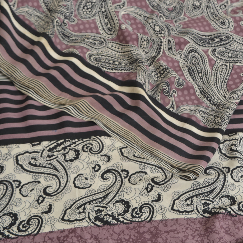 Sanskriti Vintage Sarees Mauve/Black Pure Crepe Silk Print Sari 5yd Craft Sustainable Fabric