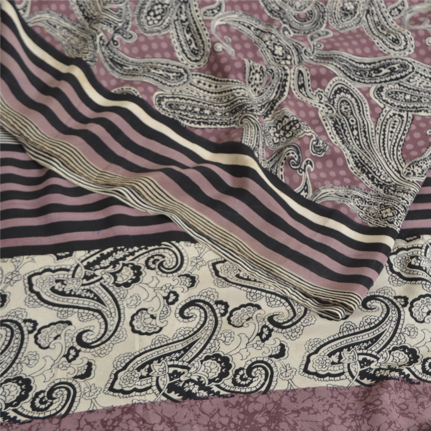 Sanskriti Vintage Sarees Mauve/Black Pure Crepe Silk Print Sari 5yd Craft Sustainable Fabric