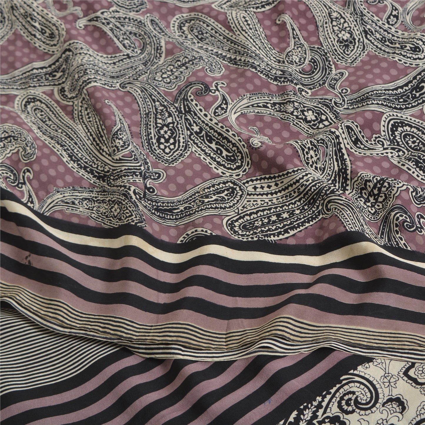 Sanskriti Vintage Sarees Mauve/Black Pure Crepe Silk Print Sari 5yd Craft Sustainable Fabric