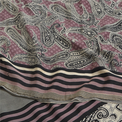 Sanskriti Vintage Sarees Mauve/Black Pure Crepe Silk Print Sari 5yd Craft Sustainable Fabric