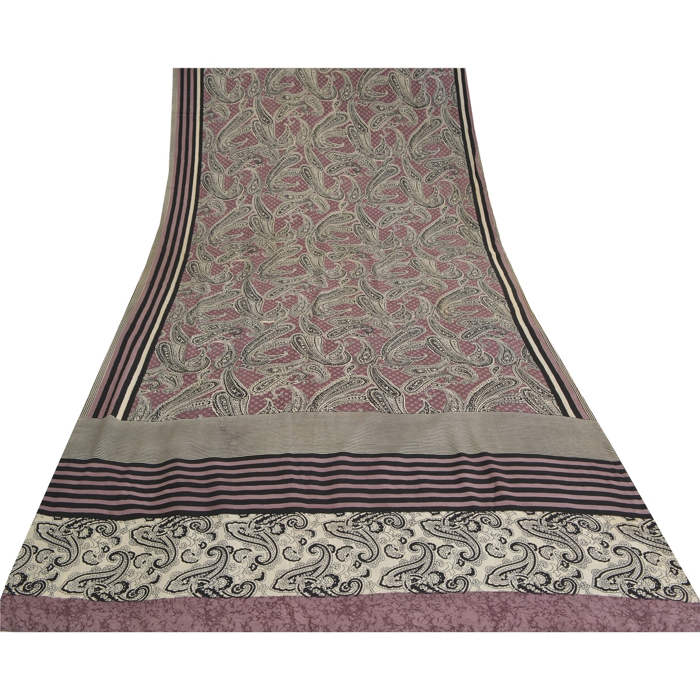 Sanskriti Vintage Sarees Mauve/Black Pure Crepe Silk Print Sari 5yd Craft Sustainable Fabric