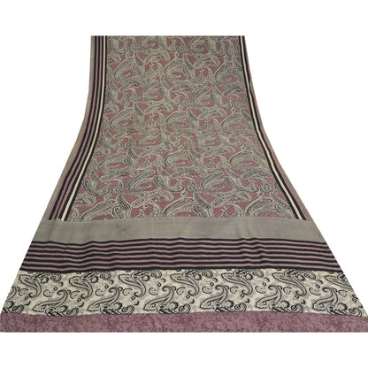 Sanskriti Vintage Sarees Mauve/Black Pure Crepe Silk Print Sari 5yd Craft Sustainable Fabric