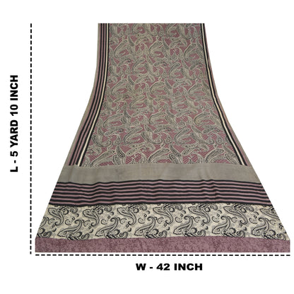 Sanskriti Vintage Sarees Mauve/Black Pure Crepe Silk Print Sari 5yd Craft Sustainable Fabric