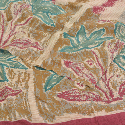 Sanskriti Vintage Sarees Ivory Pure Crepe Silk Printed Sari Floral Craft Sustainable Fabric