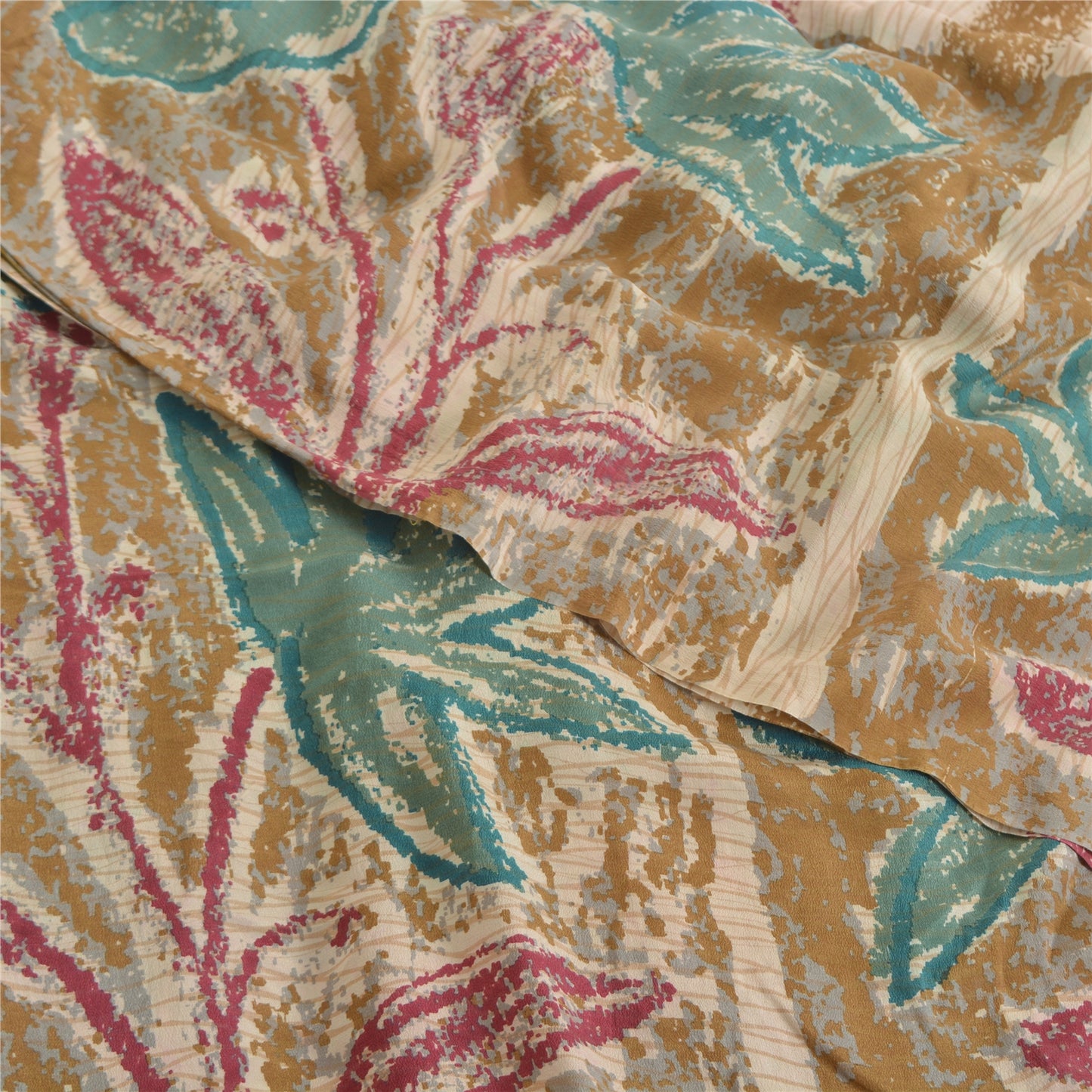 Sanskriti Vintage Sarees Ivory Pure Crepe Silk Printed Sari Floral Craft Sustainable Fabric