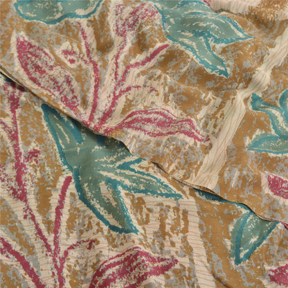 Sanskriti Vintage Sarees Ivory Pure Crepe Silk Printed Sari Floral Craft Sustainable Fabric