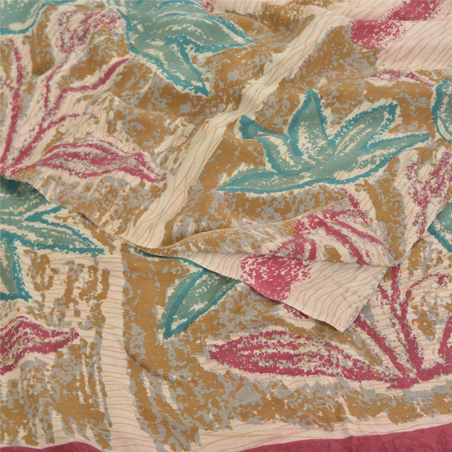 Sanskriti Vintage Sarees Ivory Pure Crepe Silk Printed Sari Floral Craft Sustainable Fabric