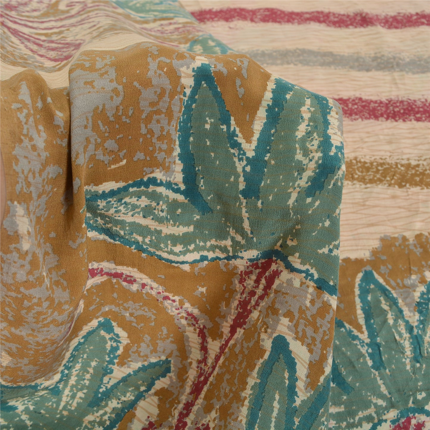 Sanskriti Vintage Sarees Ivory Pure Crepe Silk Printed Sari Floral Craft Sustainable Fabric