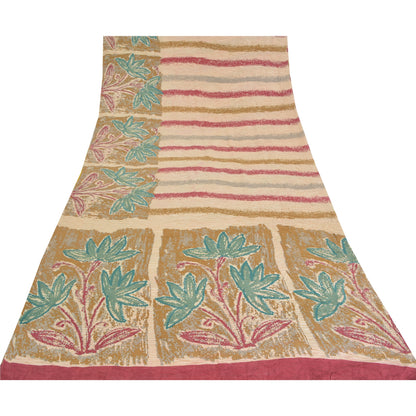 Sanskriti Vintage Sarees Ivory Pure Crepe Silk Printed Sari Floral Craft Sustainable Fabric