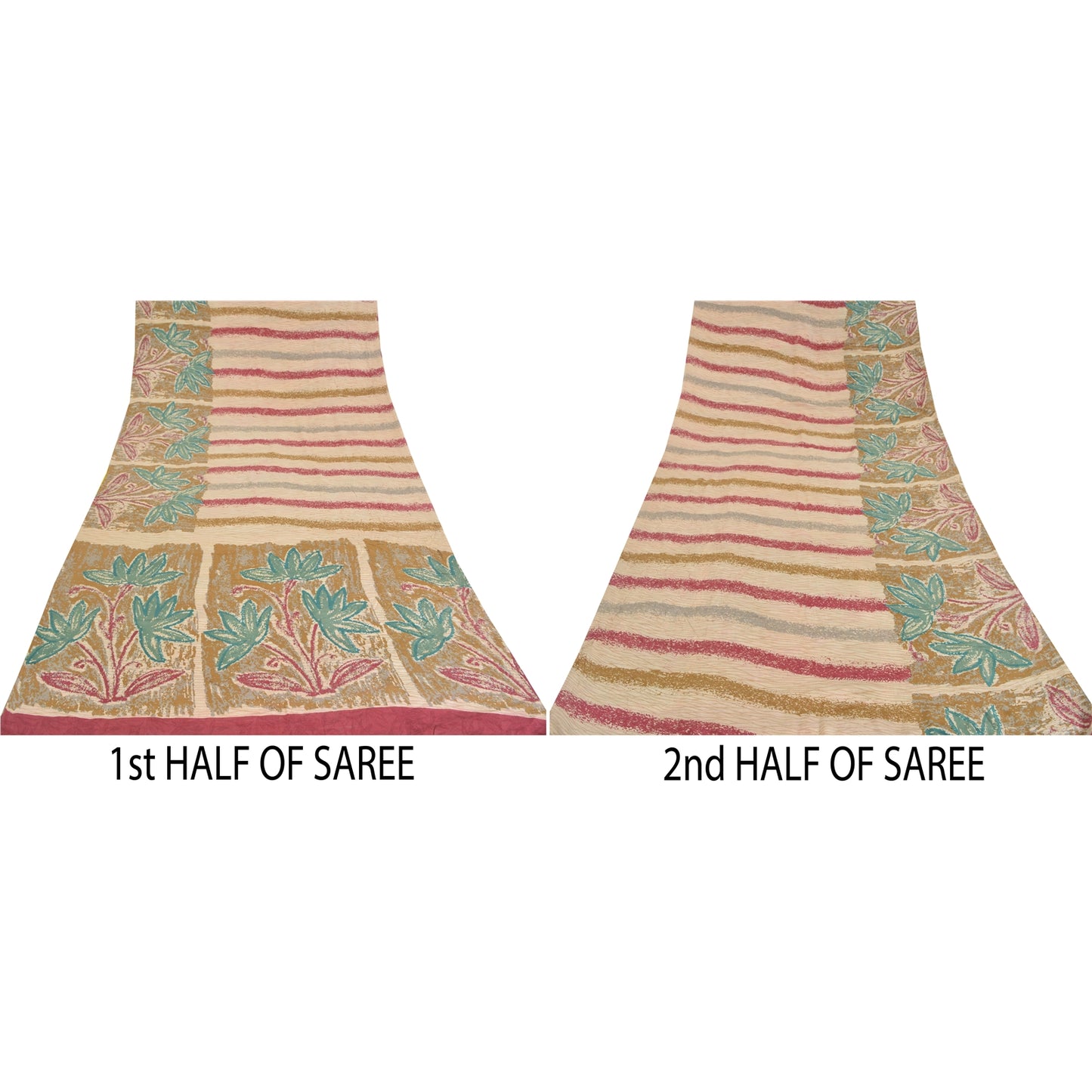 Sanskriti Vintage Sarees Ivory Pure Crepe Silk Printed Sari Floral Craft Sustainable Fabric