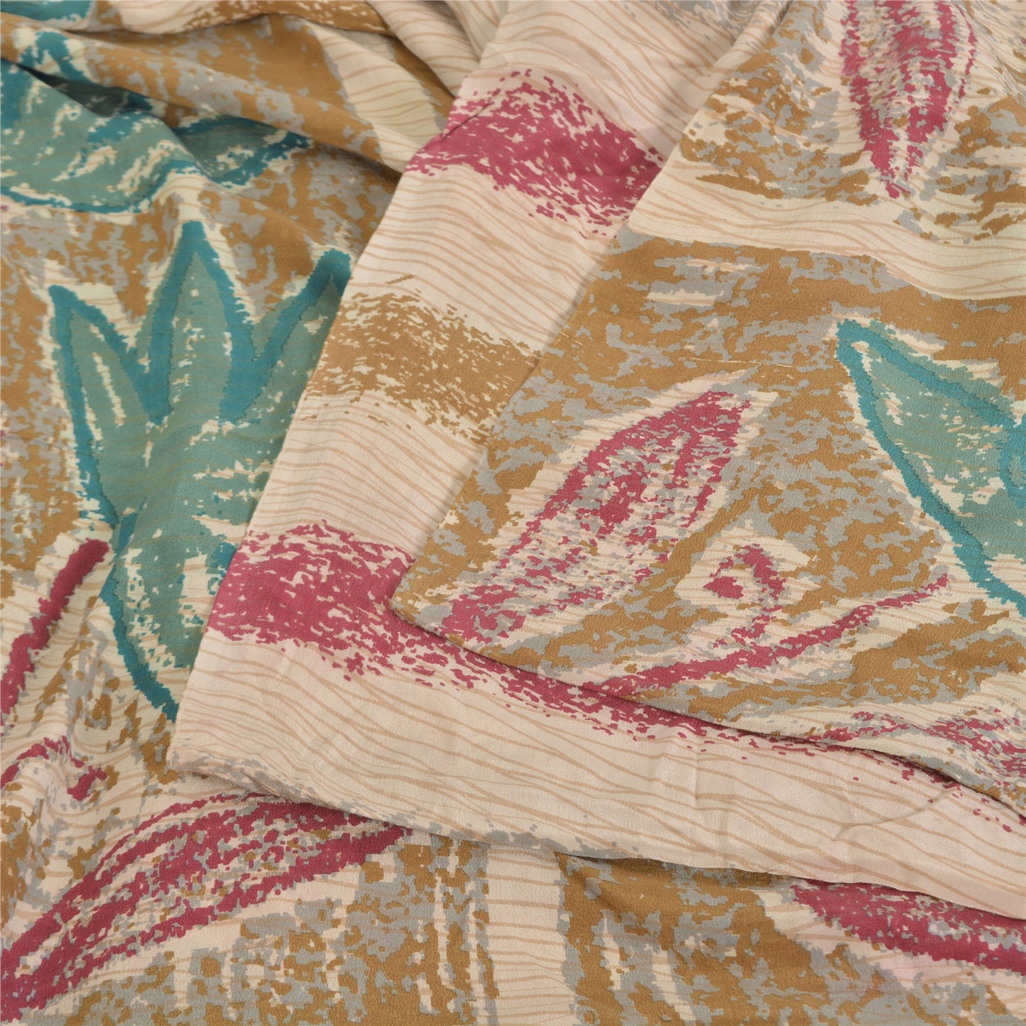 Sanskriti Vintage Sarees Ivory Pure Crepe Silk Printed Sari Floral Craft Sustainable Fabric