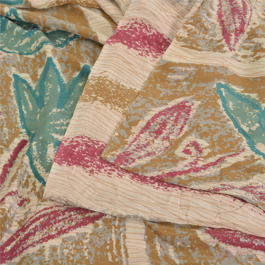 Sanskriti Vintage Sarees Ivory Pure Crepe Silk Printed Sari Floral Craft Sustainable Fabric