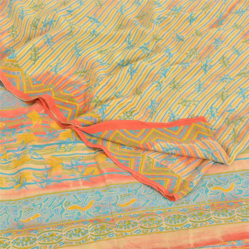 Sanskriti Vintage Sarees Cream 100%Pure Crepe Silk Printed Sari 5yd Craft Sustainable Fabric