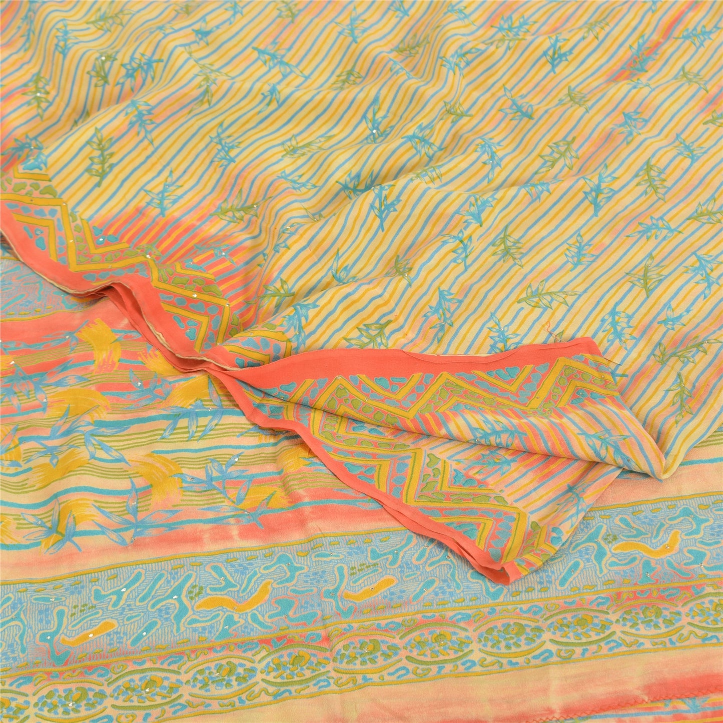 Sanskriti Vintage Sarees Cream 100%Pure Crepe Silk Printed Sari 5yd Craft Sustainable Fabric
