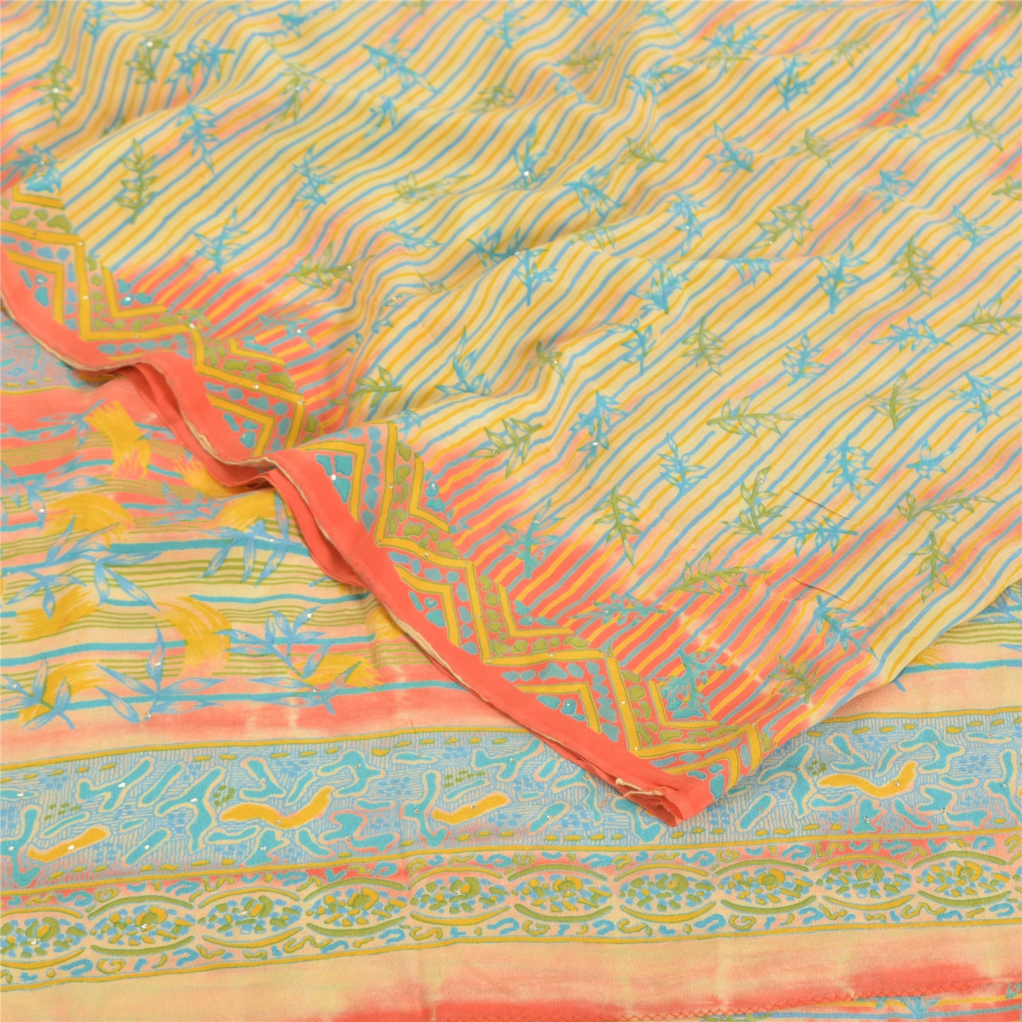 Sanskriti Vintage Sarees Cream 100%Pure Crepe Silk Printed Sari 5yd Craft Sustainable Fabric
