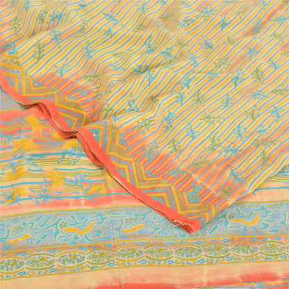 Sanskriti Vintage Sarees Cream 100%Pure Crepe Silk Printed Sari 5yd Craft Sustainable Fabric