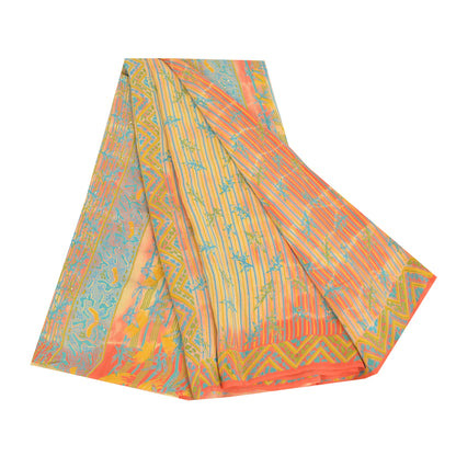 Sanskriti Vintage Sarees Cream 100%Pure Crepe Silk Printed Sari 5yd Craft Sustainable Fabric