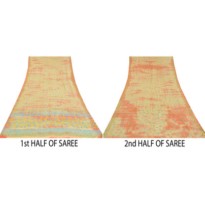 Sanskriti Vintage Sarees Cream 100%Pure Crepe Silk Printed Sari 5yd Craft Sustainable Fabric