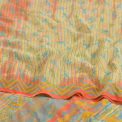 Sanskriti Vintage Sarees Cream 100%Pure Crepe Silk Printed Sari 5yd Craft Sustainable Fabric