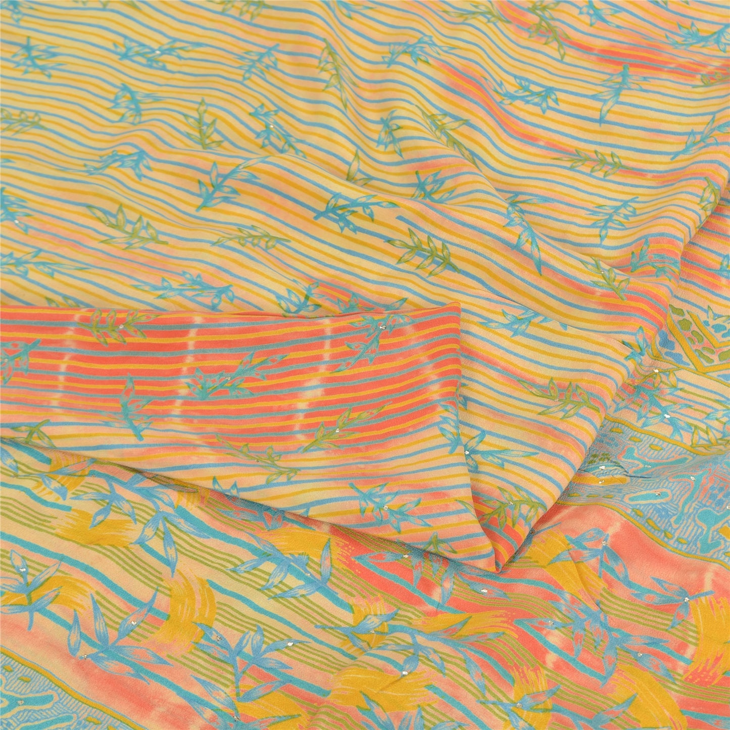 Sanskriti Vintage Sarees Cream 100%Pure Crepe Silk Printed Sari 5yd Craft Sustainable Fabric