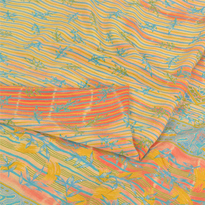 Sanskriti Vintage Sarees Cream 100%Pure Crepe Silk Printed Sari 5yd Craft Sustainable Fabric