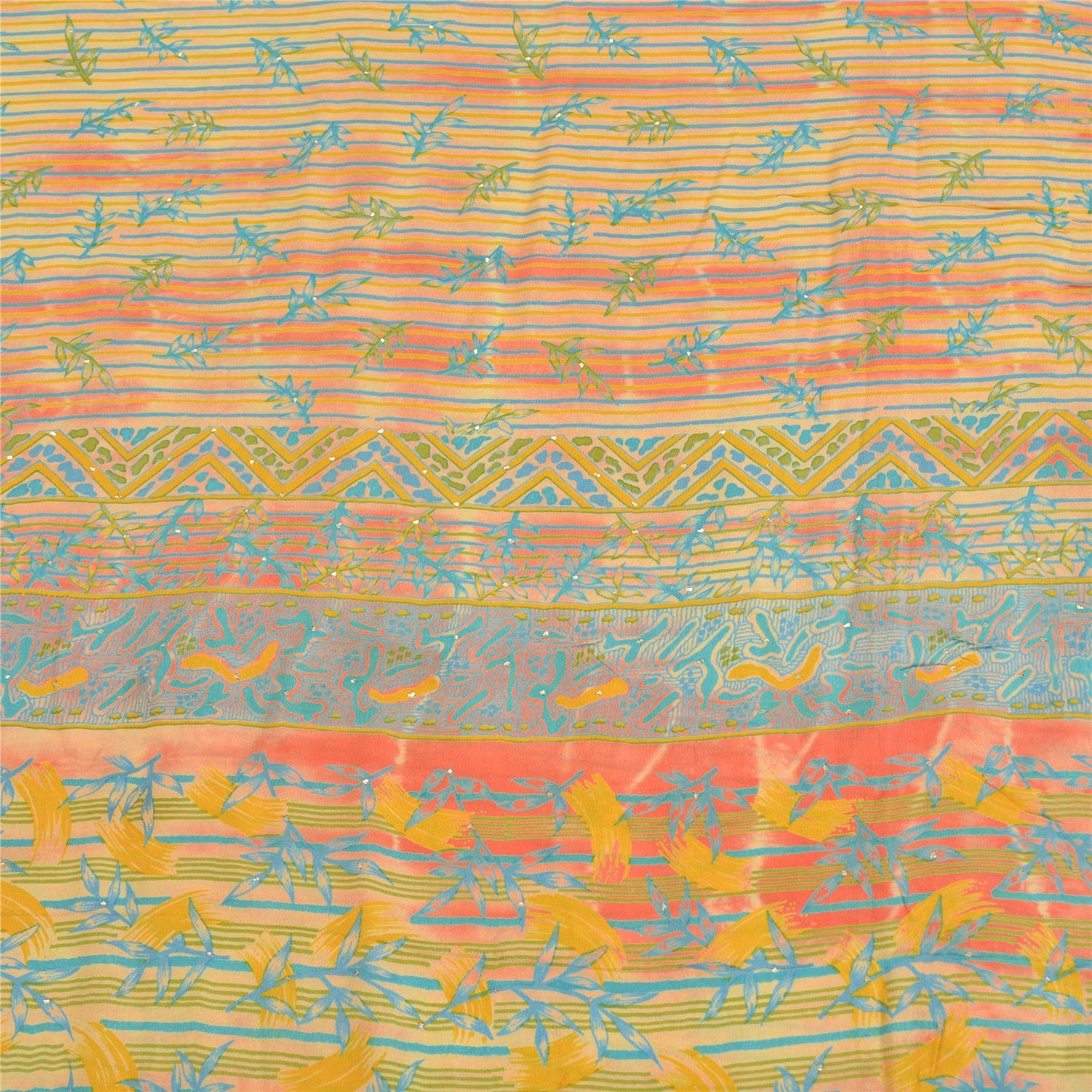 Sanskriti Vintage Sarees Cream 100%Pure Crepe Silk Printed Sari 5yd Craft Sustainable Fabric