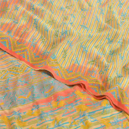 Sanskriti Vintage Sarees Cream 100%Pure Crepe Silk Printed Sari 5yd Craft Sustainable Fabric