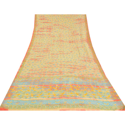 Sanskriti Vintage Sarees Cream 100%Pure Crepe Silk Printed Sari 5yd Craft Sustainable Fabric
