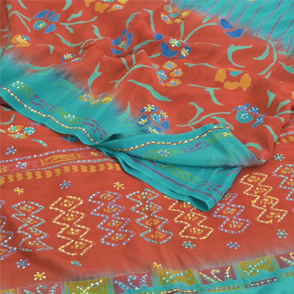 Sanskriti Vintage Sarees Blue Embordered Pure Crepe Print Sari 5yd Craft Sustainable Fabric