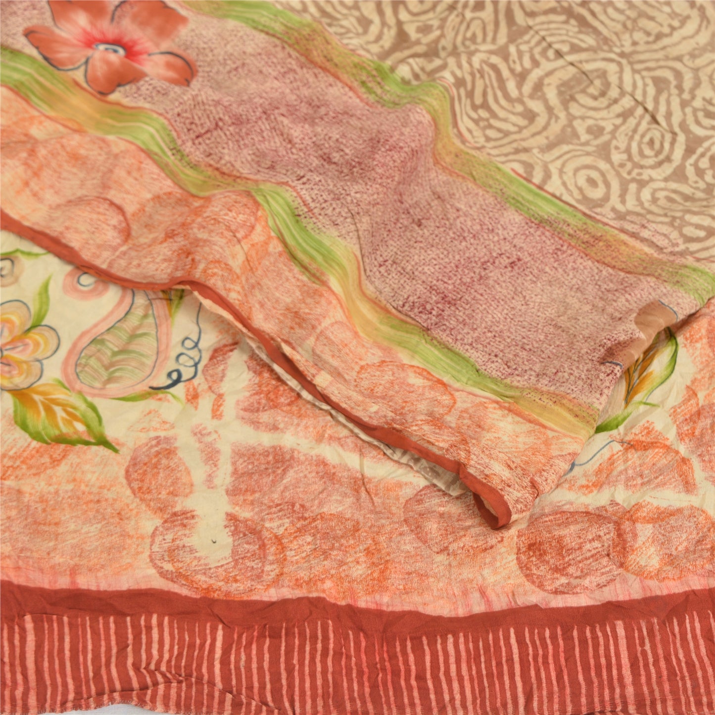 Sanskriti Vintage Sarees Multi Pure Crepe Silk Printed Sari 5yd Craft Sustainable Fabric