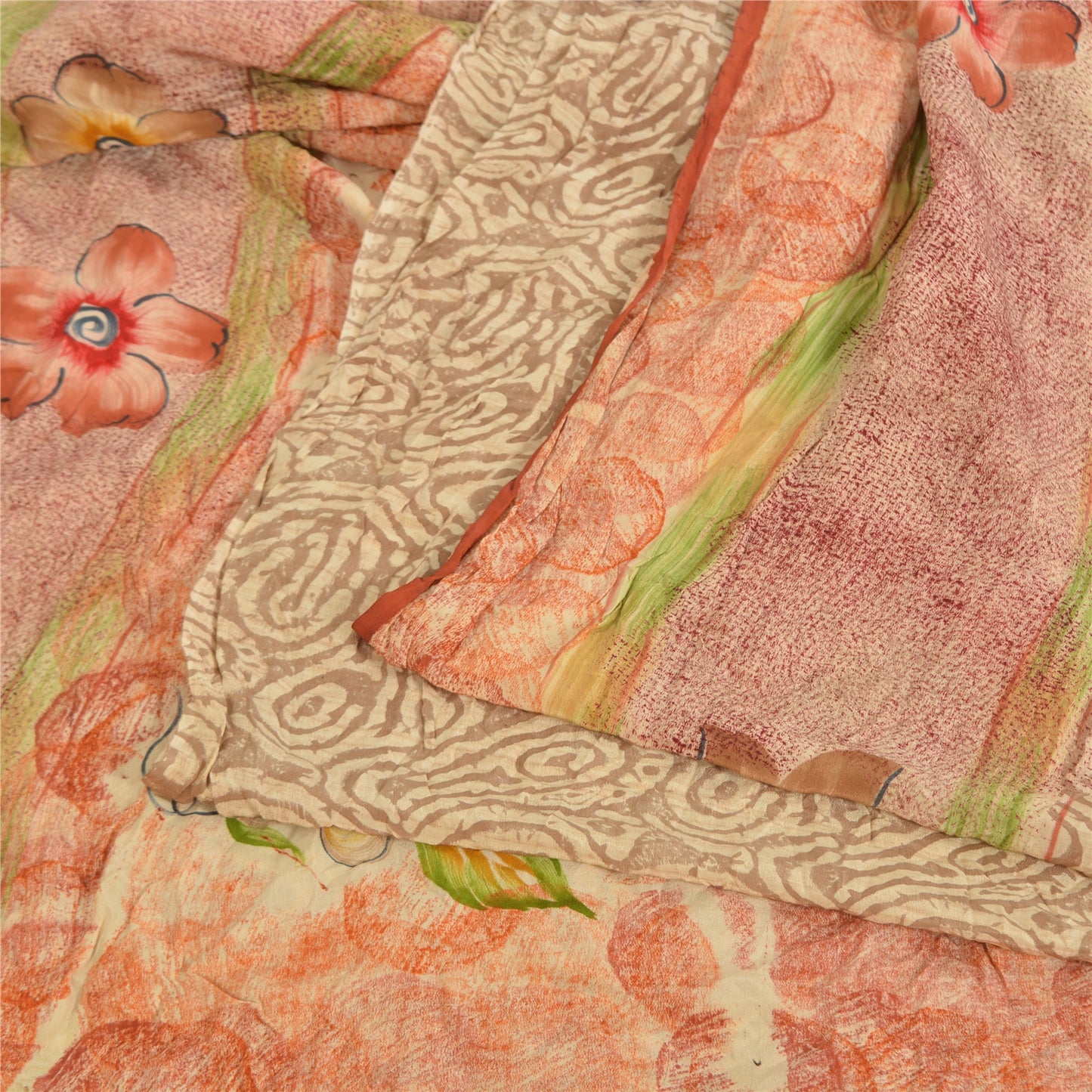 Sanskriti Vintage Sarees Multi Pure Crepe Silk Printed Sari 5yd Craft Sustainable Fabric