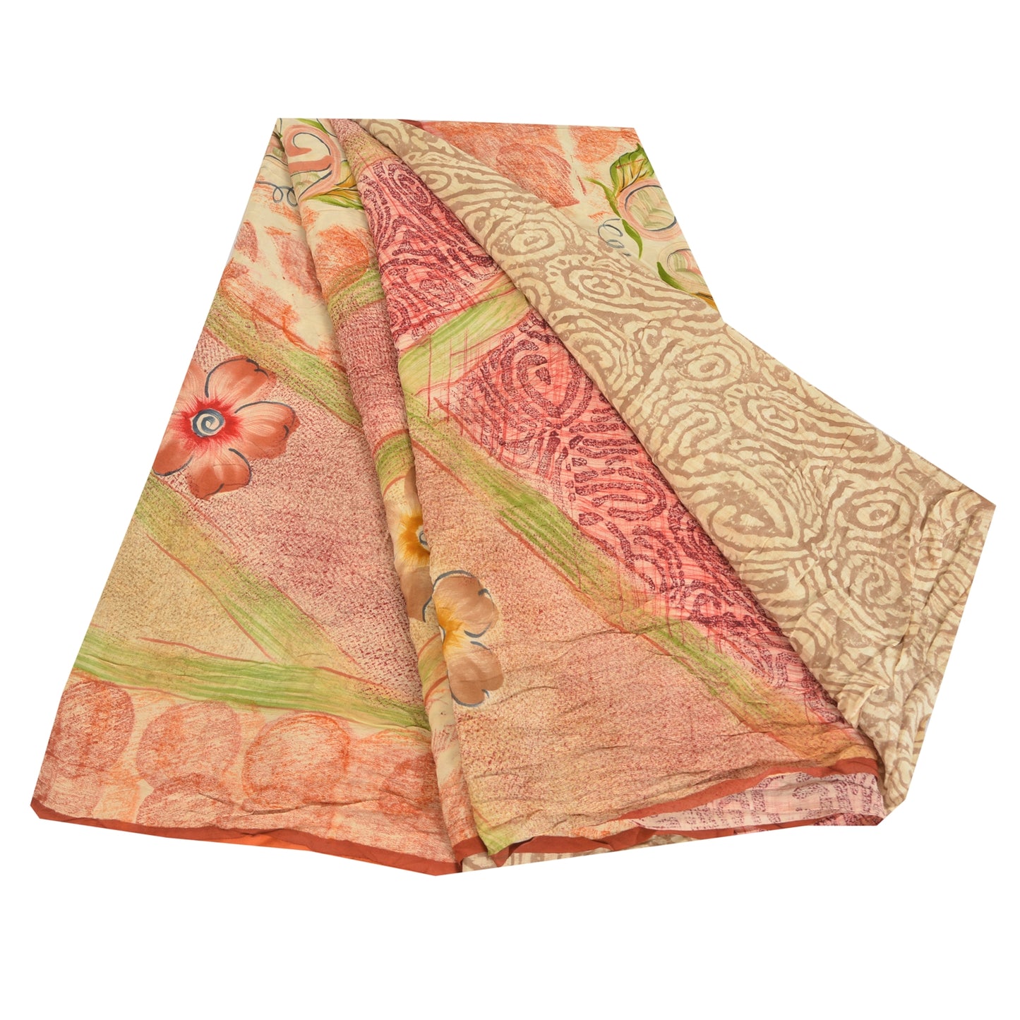 Sanskriti Vintage Sarees Multi Pure Crepe Silk Printed Sari 5yd Craft Sustainable Fabric