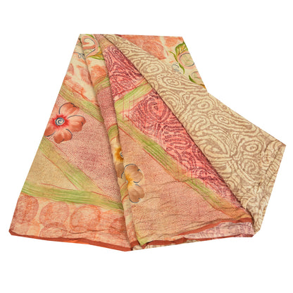 Sanskriti Vintage Sarees Multi Pure Crepe Silk Printed Sari 5yd Craft Sustainable Fabric