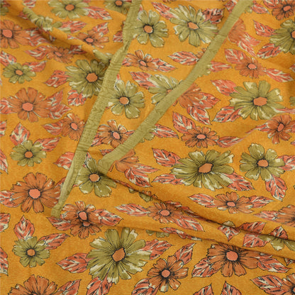 Sanskriti Vintage Sarees Mustard Pure Crepe Silk Printed Sari 5yd Craft Sustainable Fabric